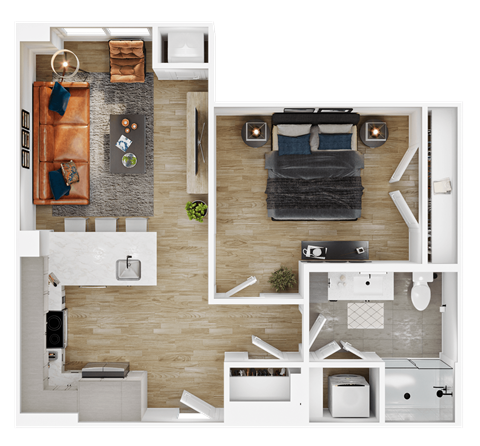 Floor plan for 1 bed, 1 bath, 643 sqft